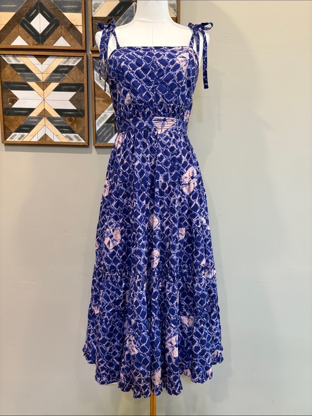Ulla Johnson Eryn Blue and Pink Tie-Shoulder Smocked Midi Dress size 2